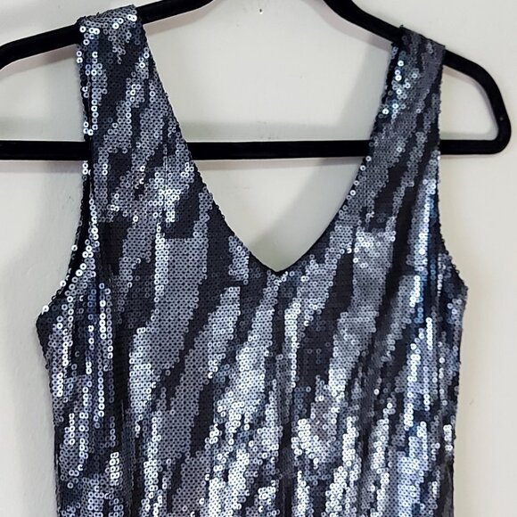 Le Chateau Sequin Mini Dress XXS V-neckline Black Silver Shiny Party Dress NWT - Picture 6 of 12